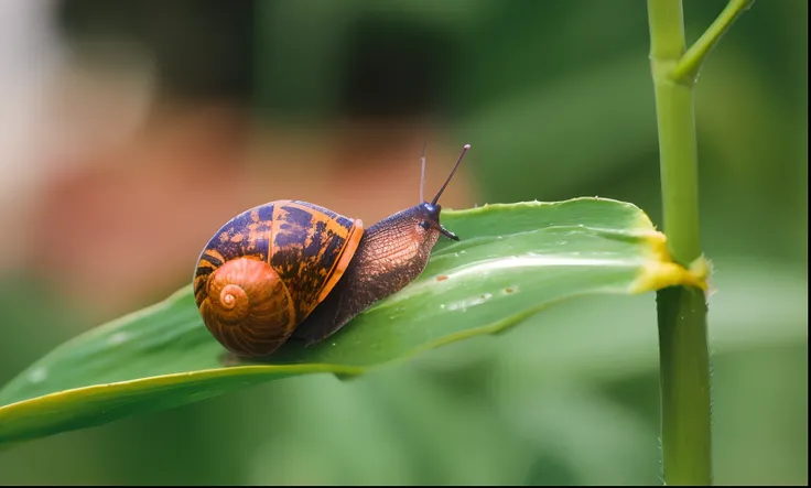 There is a snail that is sitting on a leaf, caracol, caracol, abrigando-se sob uma folha, sentado em uma folha, concha de caracol, Snails vs worms, Arrefecimento em uma folha, foto macro, fotografia macro 8k, macro 8mm foto, Shutterstock, imagem de macro, ...