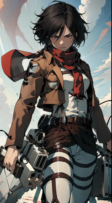 ((masterpiece, (best quality), highres, female (woman), hmmikasa, (short hair), (black eyes), scarf, emblem, belt, (thigh strap), (red scarf), (white pants), (brown jacket), (long sleeves), (holding weapon), sword, (dual wielding), (three-dimensional maneu...