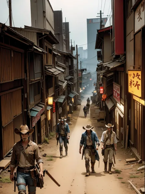 cowboys are walking through a dusty Japanese city, japanese cyberpunk wild west , post - apocalyptic cowboy,  , walking the wild west Japanese wastelands, the gunslinger, post - apocalyptic cowgirl, standing in wasteland, weird west, western gunslinger, hu...