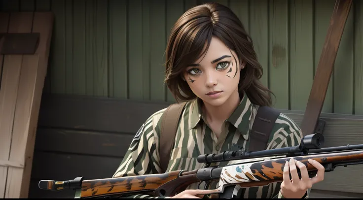 TigerstripeAI (tiger stripe painted wooden rifle:1.5), female soldier, green combat fatigues, brown hair, brown eyes, human face, rifle focus