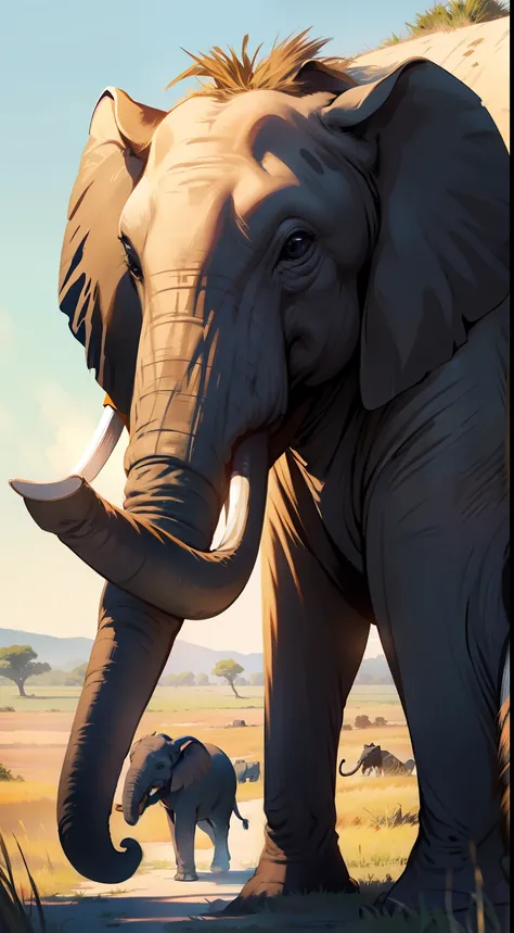 Elephant with concentrated gaze with savanna background