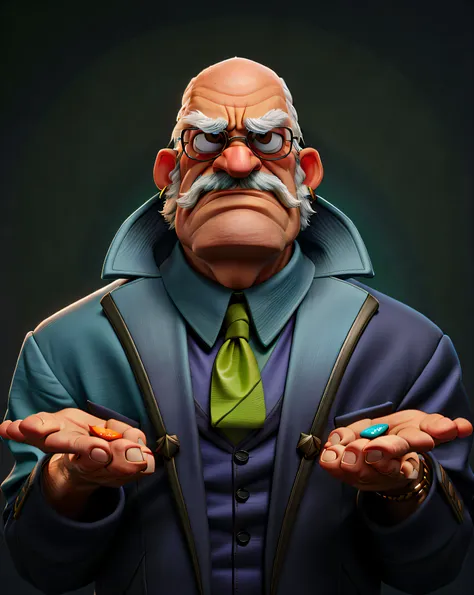 Ugly grumpy old man as Morpheus from Matrix in a suit and tie with a green tie, holding a tiny blue pill in his right hand, holding a tiny red pill in his left hand, offering tiny pills to the viewer. 3D character concept art, 3D character, 3D character.