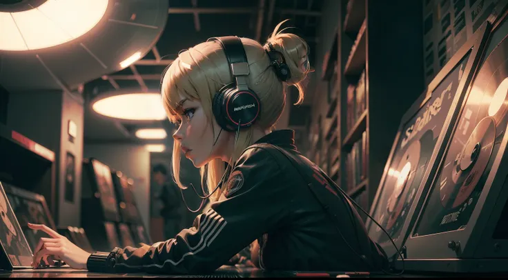 (longshot), wideshot, (film noise), old cartoon, (lots of records:1.3), vinyl record shop, (masterpiece, highest quality, highest quality, official art, beautiful and aesthetic: 1.2), (woman listening to music with 1 headphones), very detailed, (fractal ar...