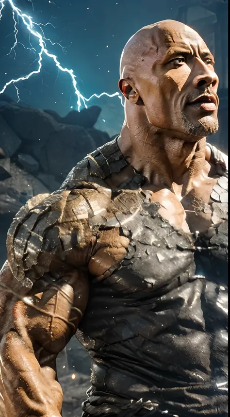 ((bald dwayne johnson)) made of stone, torso, , male, ((masterpiece, best quality)), cracked red asphalt texture, (white electricity intricate to details) (skin detail emitting electricity), muscular male, (dragonborn: 0.6), white hair, outdoors, detailed ...