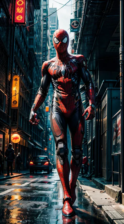 (cyborg: 1.2) spider-man robot, (((kinetic))), full body masterpiece, high definition, 8k, very high quality, high detail face, sharp, dof, depth_offield, midday style , cinematic, contrasting, detailed, 8k , sharp focus, cyberpunk, emitting detail glow, i...