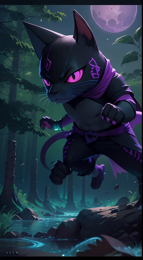 Create a vibrant dark fantasy shark ninja cat in a clean-lined minimalistic cartoon style, in the background a beautiful forest and a bright purple moon, octane render, 8k