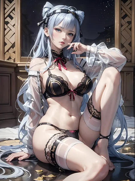 （Enrich the picture，Masterpiece level quality）Beautiful 8K CG artwork，Goddess-like posture，sittinng on the river，Postural exercises，Slim and soft，Translucent skin，Silver hair、The beauty of extra-long hair, Super Long Straight Hair，The skin is fair and juic...