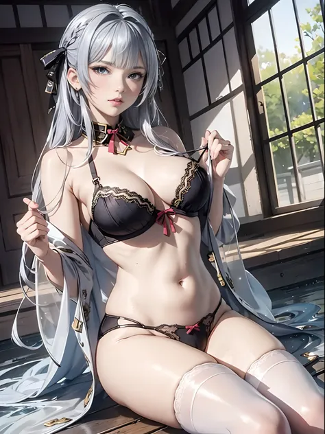 （Enrich the picture，Masterpiece level quality）Beautiful 8K CG artwork，Goddess-like posture，sittinng on the river，Postural exercises，Slim and soft，Translucent skin，Silver hair、The beauty of extra-long hair, Super Long Straight Hair，The skin is fair and juic...