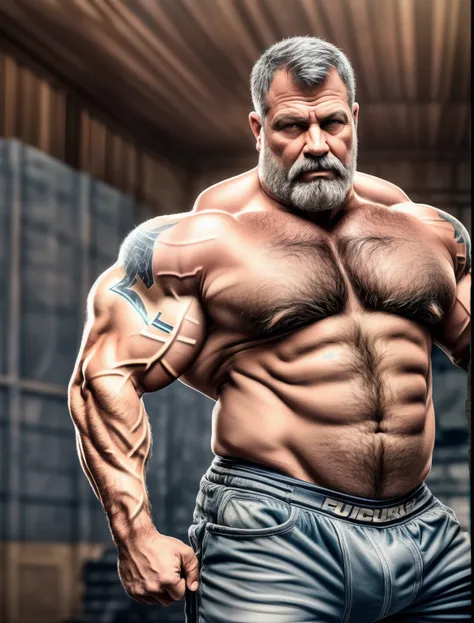 A portrait full body photograph A tractive mid age heavy trucker-driver, balg Strong, muscular, hairy big belly bodybuilder, wearing a very small trunk showing pubis, epic realistic, photo, faded, neutral colors, ((((hdr)))), ((((muted colors)))), intricat...