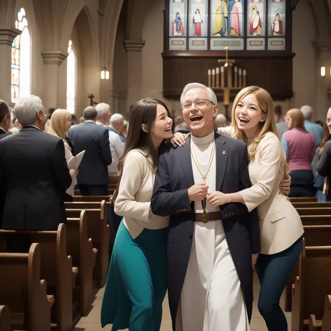 Looking around and seeing happy people Joyful, in the church, many joyful people.