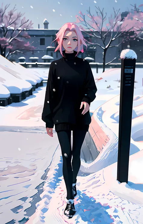 Sakura haruno, ((solo)), alone, ((forehead to show)), elegant,wearing black sweater, pink hair, delicate, young, short hair, detailed face, high definition, ((full body)), (snow around her), whole body, ((snowy day)), looking at the sky, she is a beautiful...