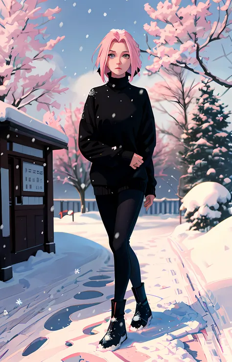 Sakura haruno, ((solo)), alone, ((forehead to show)), elegant,wearing black sweater, pink hair, delicate, young, short hair, detailed face, high definition, ((full body)), (snow around her), whole body, ((snowy day)), looking at the sky, she is a beautiful...