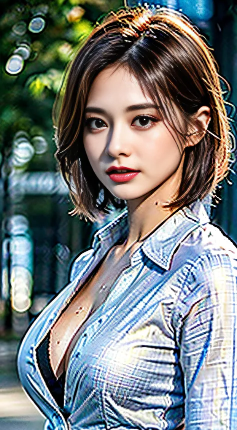 ((Best quality, 8k, Masterpiece :1.3)), Sharp focus :1.2, A pretty woman with perfect figure :1.4, Slender abs :1.2, ((Layered haircut, Big breasts :1.2)), (Wet white button up long shirt :1.1), (Rain, Street:1.2), Wet body :1.5, Highly detailed face and s...