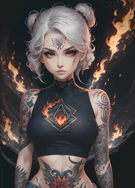 ((One woman)), UHD, high detail, high quality, super detail, ultra-fine illustration, 16k,Ghibli, gray hair, big eyes, long eyelashes, very long eyelashes, ethnic tattoos, (tattoos that cover the entire body), ((lots of tattoos)), tattoos on the chest, tat...