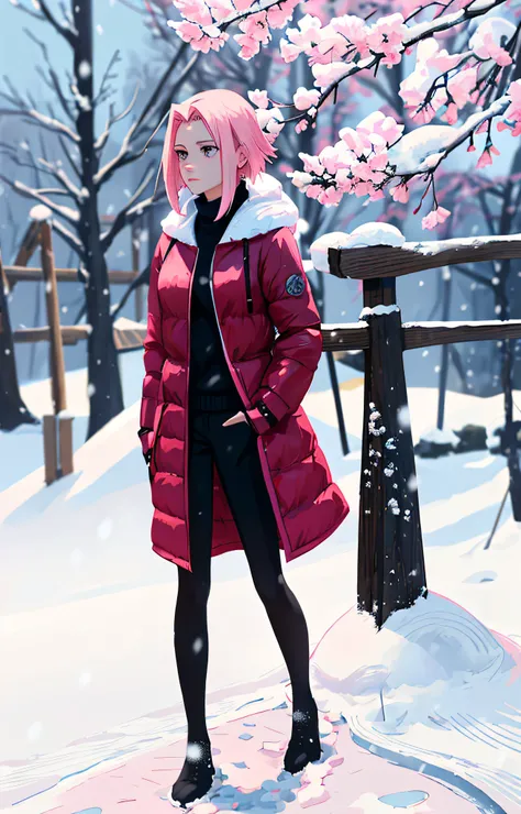 Sakura haruno, ((solo)), alone, ((forehead to show)), elegant,wearing black sweater, pink hair, delicate, young, short hair, detailed face, high definition, ((full body)), (snow around her), whole body, ((snowy day)), looking at the sky, she is a beautiful...