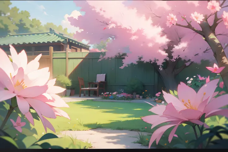 A yard all green, pink, flowers, anime style