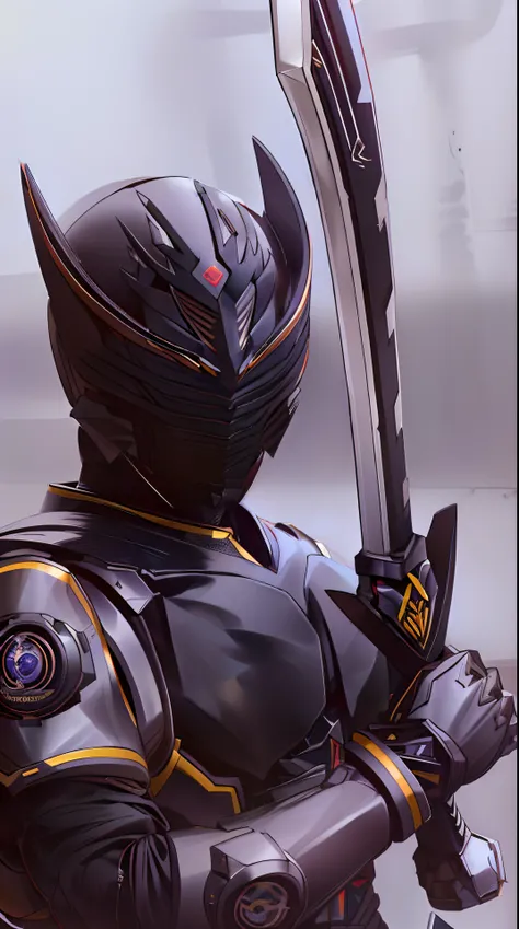 There was a man dressed in black and yellow holding a sword, Tokusatsu, kamen rider character, sharp black armor, Sharp smooth black armor, Kamen Rider, high fantasy kamen rider, sharp render, Black armor，Kamen Rider Dragon Teeth