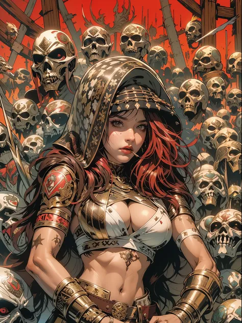 (((mulher))), (((melhor qualidade))), (((obra prima))), (((adulta))), Uma guerreira mulher loira de 35 anos com corpo perfeito, Brooklyn Gladiators, (( under boobs )), quase nua no estilo selvagem urbano de Simon Bisley para a capa da revista Heavy Metal, ...