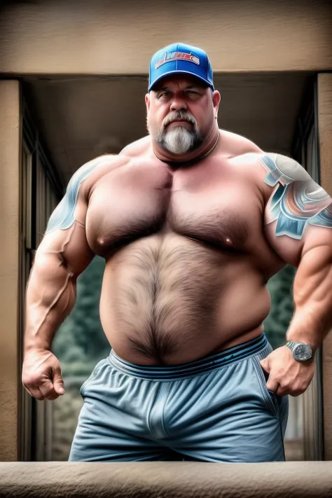 A portrait full body photograph A tractive mid age heavy trucker-driver, balg Strong, hairy big belly bodybuilder, wearing a very small trunk showing pubis, epic realistic, photo, neutral colors, ((((hdr)))), ((((muted colors)))), intricate scene, intricat...