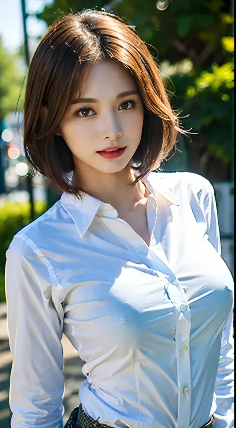 ((Best quality, 8k, Masterpiece :1.3)), Sharp focus :1.2, A pretty woman with perfect figure :1.4, Slender abs :1.2, ((Layered haircut, Big breasts :1.2)), (Wet white button up long shirt :1.1), (Rain, Street:1.2), Wet body :1.5, Highly detailed face and s...