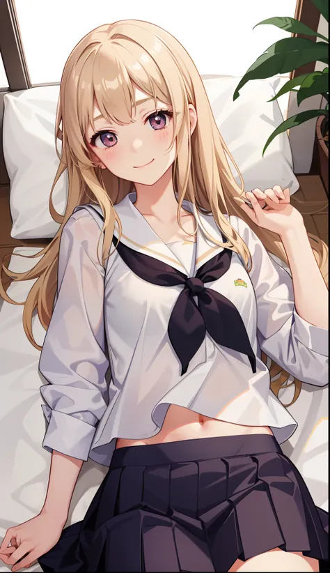 1girl in、A smile、The shirt、skirt by the、（small tits）Chilarism、Japan High School Student Uniform、serafuku、summer clothing、（Sheer Bra）、Upper body portrait、blonde  hair、s asleep、Sleeping in large letters、