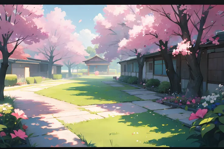 A yard all green, pink, flowers, anime style