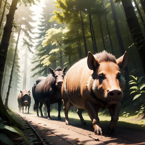 several wild boars in the forest