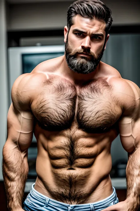 bearded and shirtless man, hairy chest, hairy chest and hairy body, hairy chest, masculine and strong, half shot from a bare hairy chest, fluffy chest, hairy shoulders, hairy bodies, strong and imposing, thick hairy neck and fluff chest, strong masculine f...