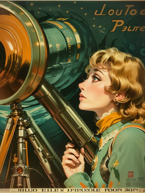 a close up of a poster with a telescope on it, a poster by Antoine Ignace Melling, tumblr, art nouveau, poster vintage, 60s french movie poster, 6 0s french movie poster, sous la pleine lune, (French comics), 6 0 s french movie poster, illustrated poster, ...