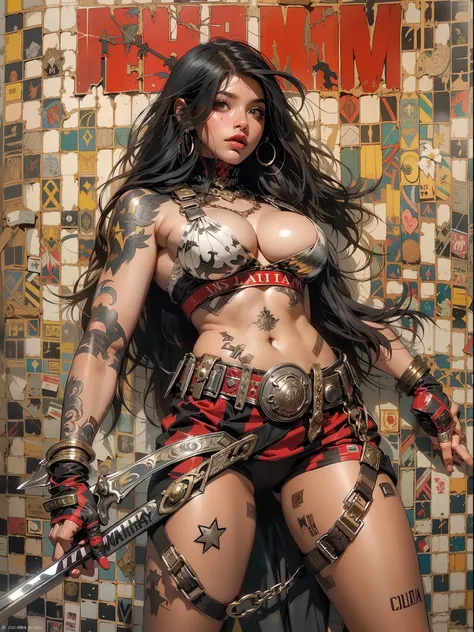 (((mulher))), (((melhor qualidade))), (((obra prima))), (((adulta))), Uma guerreira mulher de 35 anos com corpo perfeito, Brooklyn Gladiators, (( under boobs )), quase nua no estilo selvagem urbano de Simon Bisley para a capa da revista Heavy Metal, cabelo...