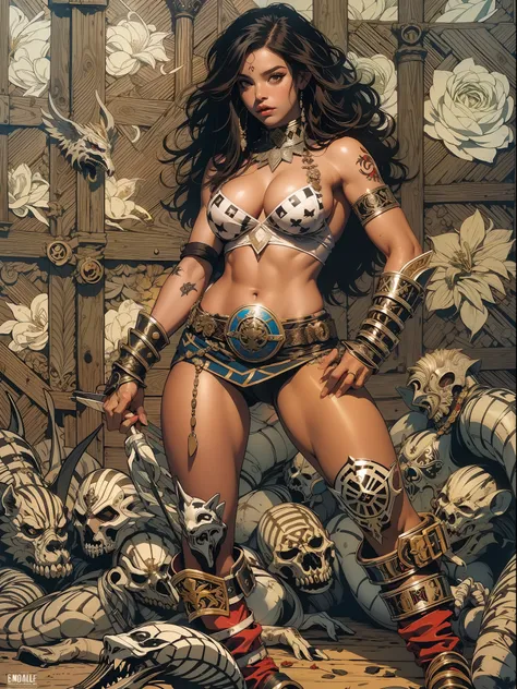 (((mulher))), (((melhor qualidade))), (((obra prima))), (((adulta))), Uma guerreira mulher loira de 35 anos com corpo perfeito, Brooklyn Gladiators, (( under boobs )), quase nua no estilo selvagem urbano de Simon Bisley para a capa da revista Heavy Metal, ...