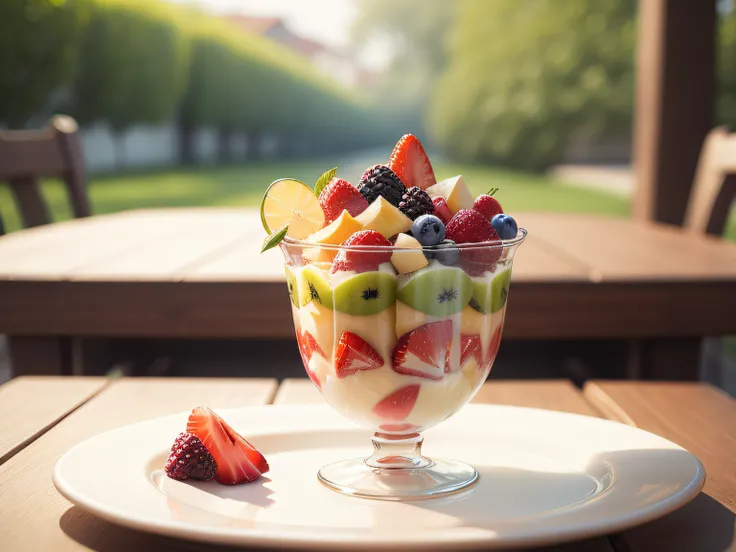 Summer fruit salad、Fashionable tableware、No humans、on table、depth of fields、(blurry backround))、 ​masterpiece、top-quality、The ultra-detailliert