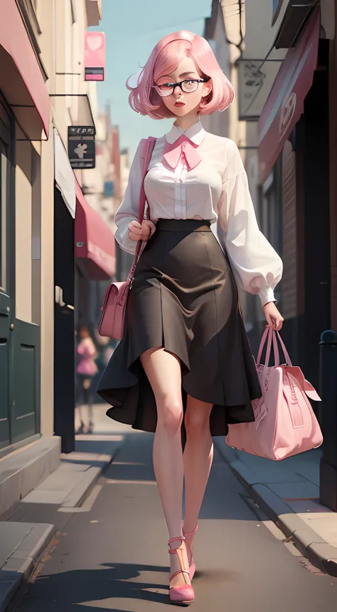 Cartoon girl with glasses and pink purse walking down the street, a digital painting inspired by Ross Tran, in style of digital illustration, Cartoon style illustration, digital art of an elegant, lovely art style, Beautiful digital illustration, Cute deta...