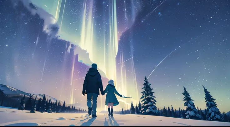 nordic，Winter after heavy snowfall，Thick snow，Silhouette of man and woman holding hands，starrysky，atarctive，((Green Northern Lights))，Stand in the snow，looking at the stars, Grove in the distance，figure silhouettes，Green Northern Lights，Shooting stars stre...