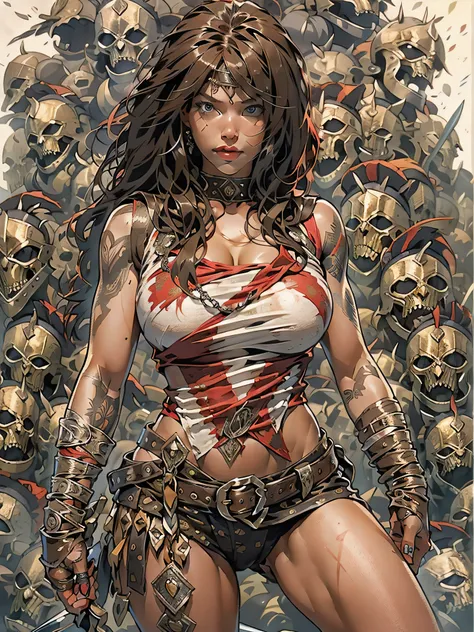 (((mulher))), (((melhor qualidade))), (((obra prima))), (((adulta))), Uma guerreira mulher de 35 anos com corpo perfeito, Brooklyn Gladiators, (( under boobs )), quase nua no estilo selvagem urbano de Simon Bisley para a capa da revista Heavy Metal, cabelo...