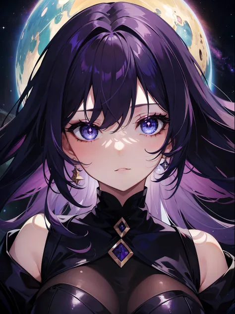 (Masterpiece, Best Quality, Ultra High Resolution),1girl,dark purple hair, cosmic eyes, dark hole-shaped pupils, beautiful and detailed face, detailed eyes,on the planet,starry sky