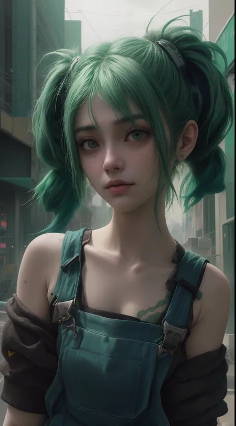 1 green-haired girl with overalls, pendurada em  um poste de luz , Looking at camera,Camera angle up close,Cabelo pigtails, seios grandes,,em uma cidade neon, (estilo cyberpunk) 8K Ultra realista