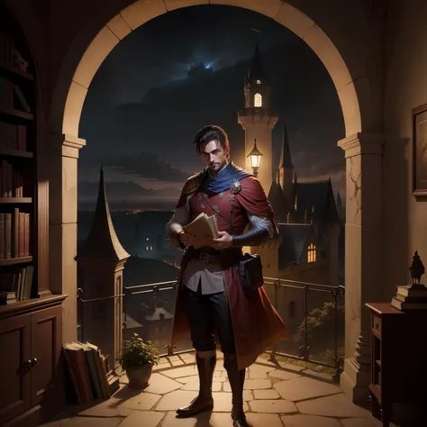 Man in castle at night with books in hand,ao lado de um soldado antigo