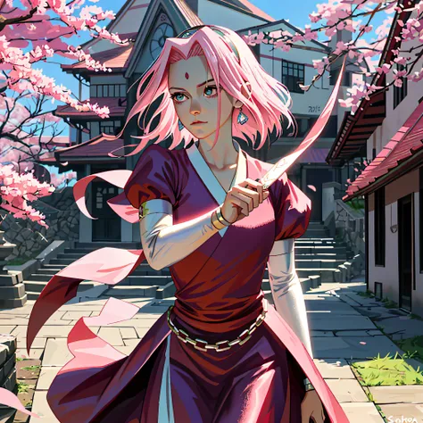 sakura haruno, ((sozinho)), sozinha, ((Head for the exhibition)), elegante,VISTIDOpreto, cabelo rosa, delicado, jovem, cabelo curto, rosto detalhado, highes definition, ((corpo inteiro)), SHE IS A BEAUTIFUL QUEEN IN HER CASTLE