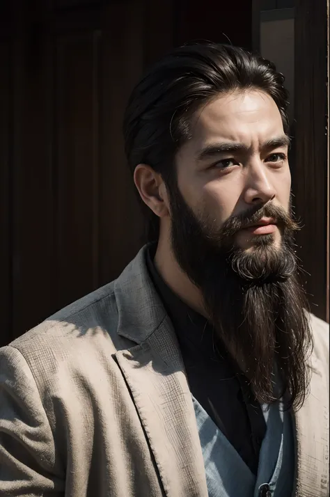 An uncle，Beard，Natural expression，Back head，Three and seven points，Cinematic texture，best qualtiy，超高分辨率，British style