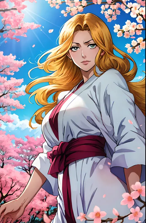 (masterpiece, colorful manga-style illustration:1.3), (captivating portrayal of the character Rangiku Matsumoto from the anime "Bleach" by Tite Kubo:1.2), (digitally illustrated to capture the mangas aesthetic:1.2), (Rangiku Matsumoto depicted in a serene ...