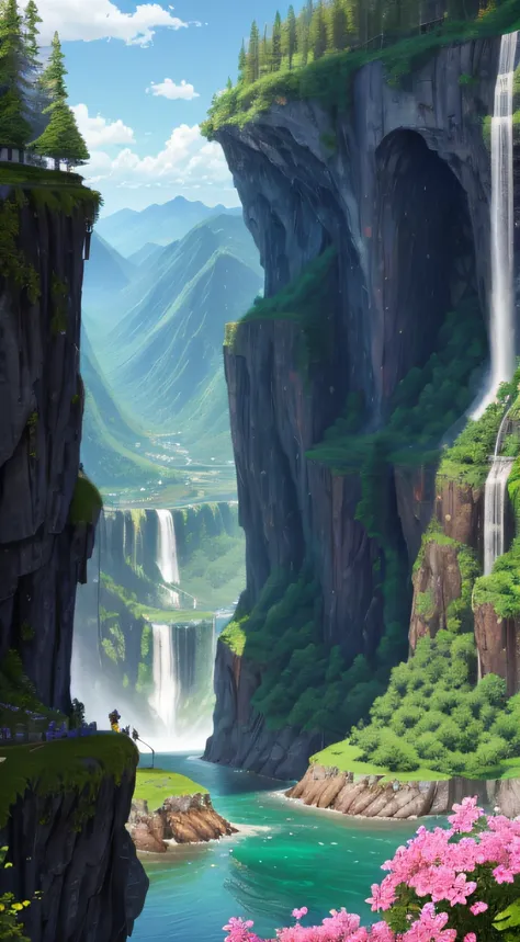 scenecy，Eau，（Very detailed CG unity 8K wallpaper），A group of tourists looking at the scenery，Huge peaks and waterfalls，Forests and flowers，high detal，sharp fokus，dramatics，Realistic photographic pictures，