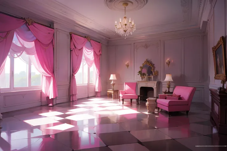 Inside a mansion, pink, anime style