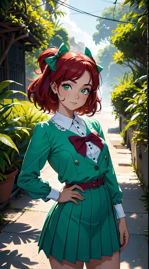 uma jovem, sozinha, of bright red hair that contrasts wonderfully with the scenery. Seu cabelo cai em cachos suaves ao redor do rosto, and she wears a hair band with a fluffy bow in the same shade of green as her clothes. His eyes are an intense shade of g...