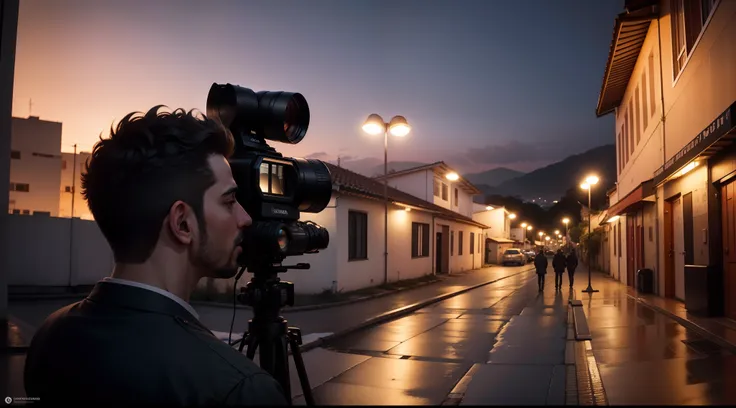 Panoramic set image of a romantic scene outside, no primeiro plano de costas o realizador sentado na cadeira, operator and the film camera, lighting projectors, 8k, Hiper realista, alta resolução, alto detalhe