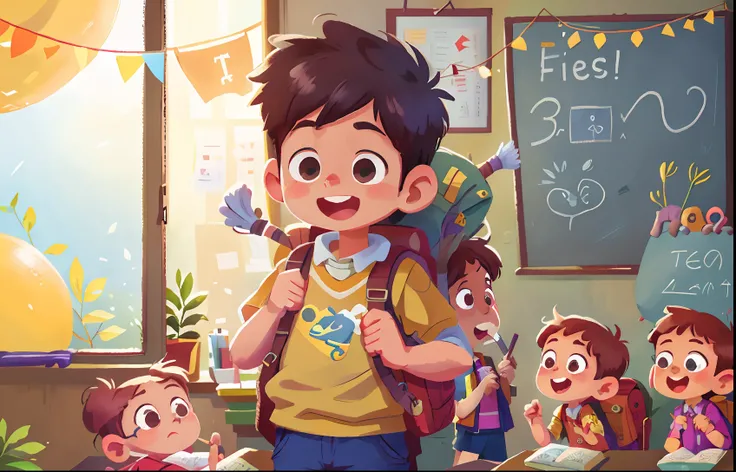 A boyin class, backpack on his back, happy, happy, with teacher at the door of the school, perfect quality, clear focus, (masterpiece: 1.2) (Realistic: 1.2) (Bokeh) (Best quality) (Detailed skin: 1.3) (Intricate details) (8K) (Detail eyes) (Sharp focus), (...