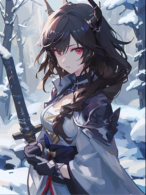 Anime demonGirl with horns on her head and with sword in snowy forest with snow background, Badass Anime 8 K, 4 k Manga Hintergrundbild, Ayaka Genshin Impact, 4k Anime Hintergrundbild, Anime Hintergrundbilder 4k, Anime Hintergrundbild 4k, anime art wallpap...