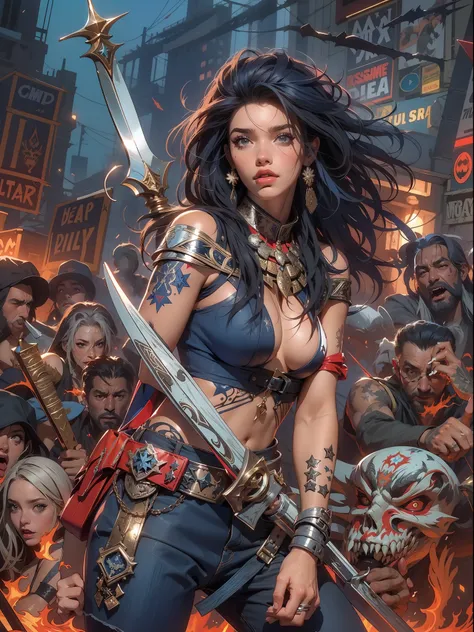 (((mulher))), (((melhor qualidade))), (((obra prima))), (((adulto))), Uma guerreira mulher de 35 anos com corpo perfeito, Gladiadores do Brooklyn, (( sob os peitos )), quase nua no estilo selvagem urbano de Simon Bisley para a capa da revista Heavy Metal, ...