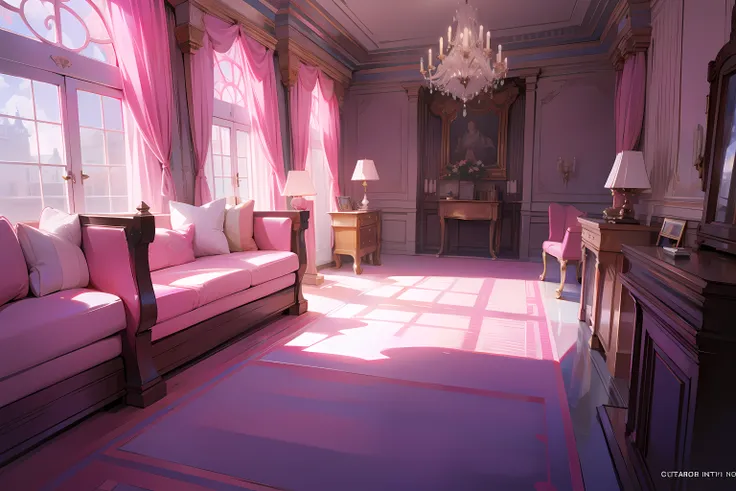 Inside a mansion, pink, anime style