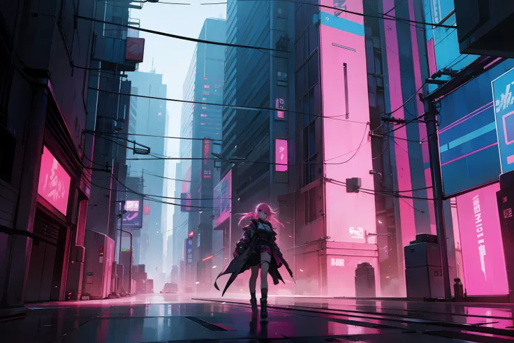 Cyberpunk street, pink, anime style